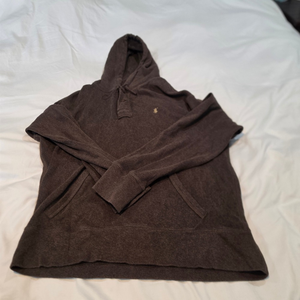 Polo Ralph Lauren Hoodie Mens Medium Brown Excellent Henley Waffle Hood 1518